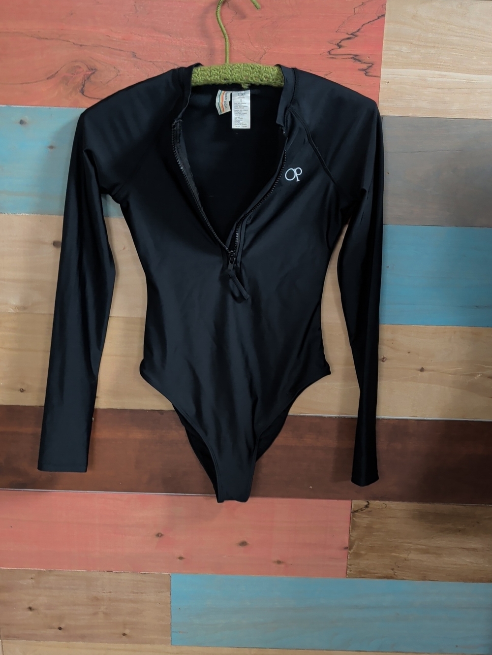 OP Black Long-Sleeve Zip-Front One-Piece Swimsuit